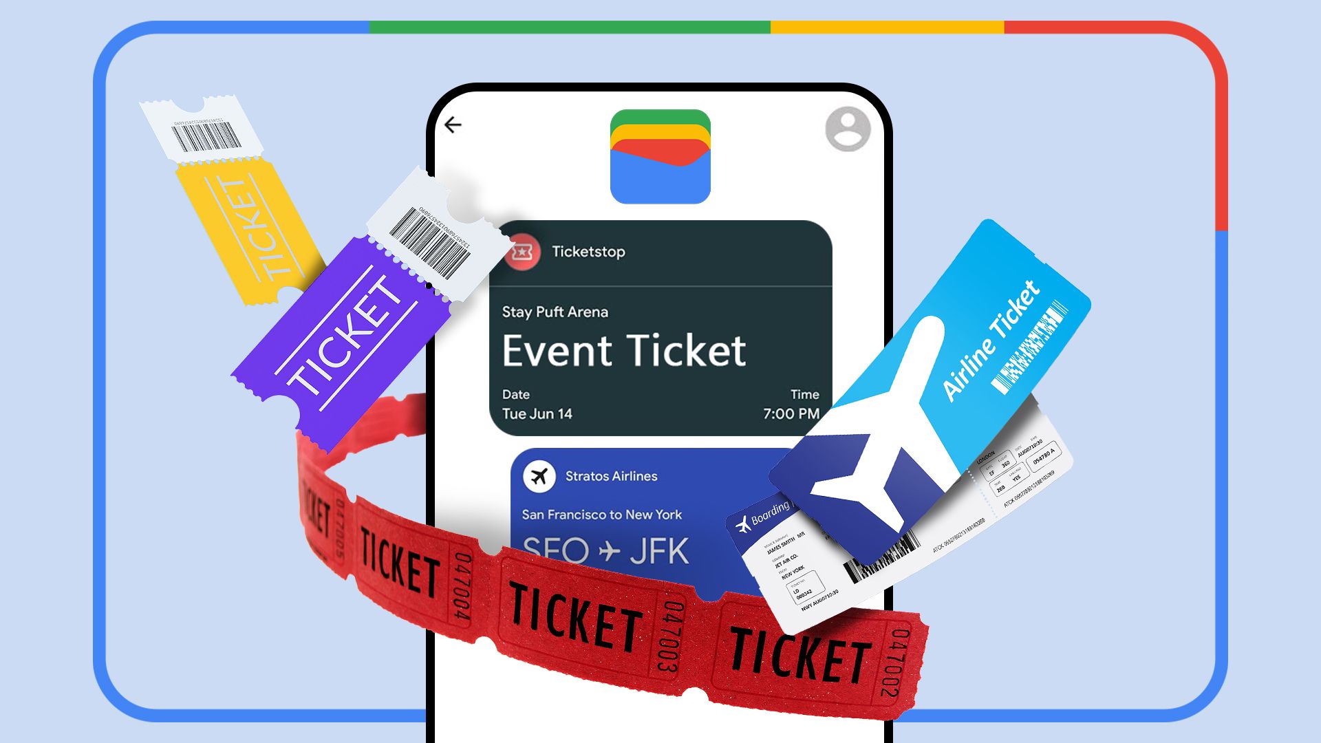 A phone with Google Wallet open and various tickets around it.