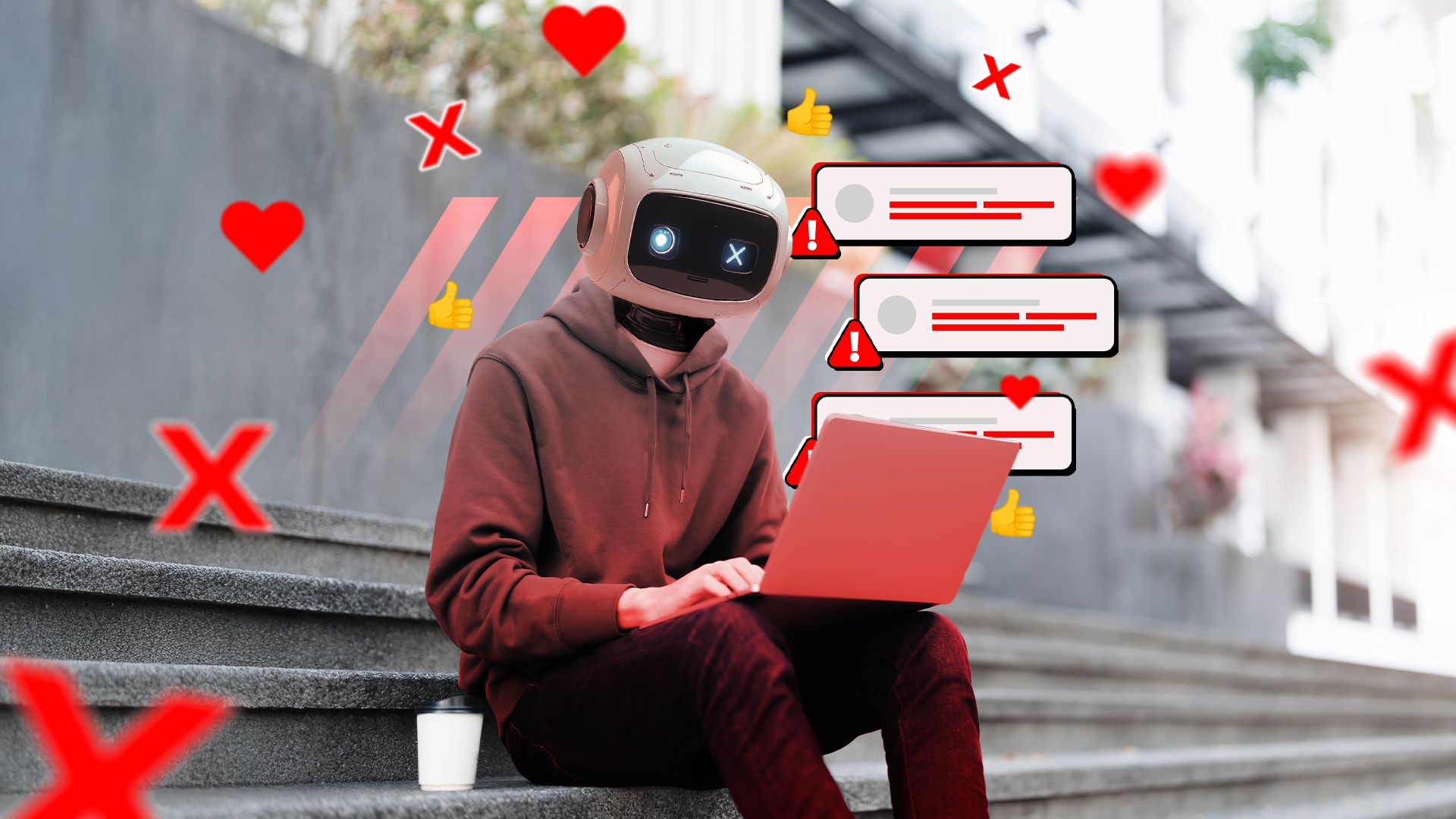 A robot using a laptop with social media emojis and alerts around it.