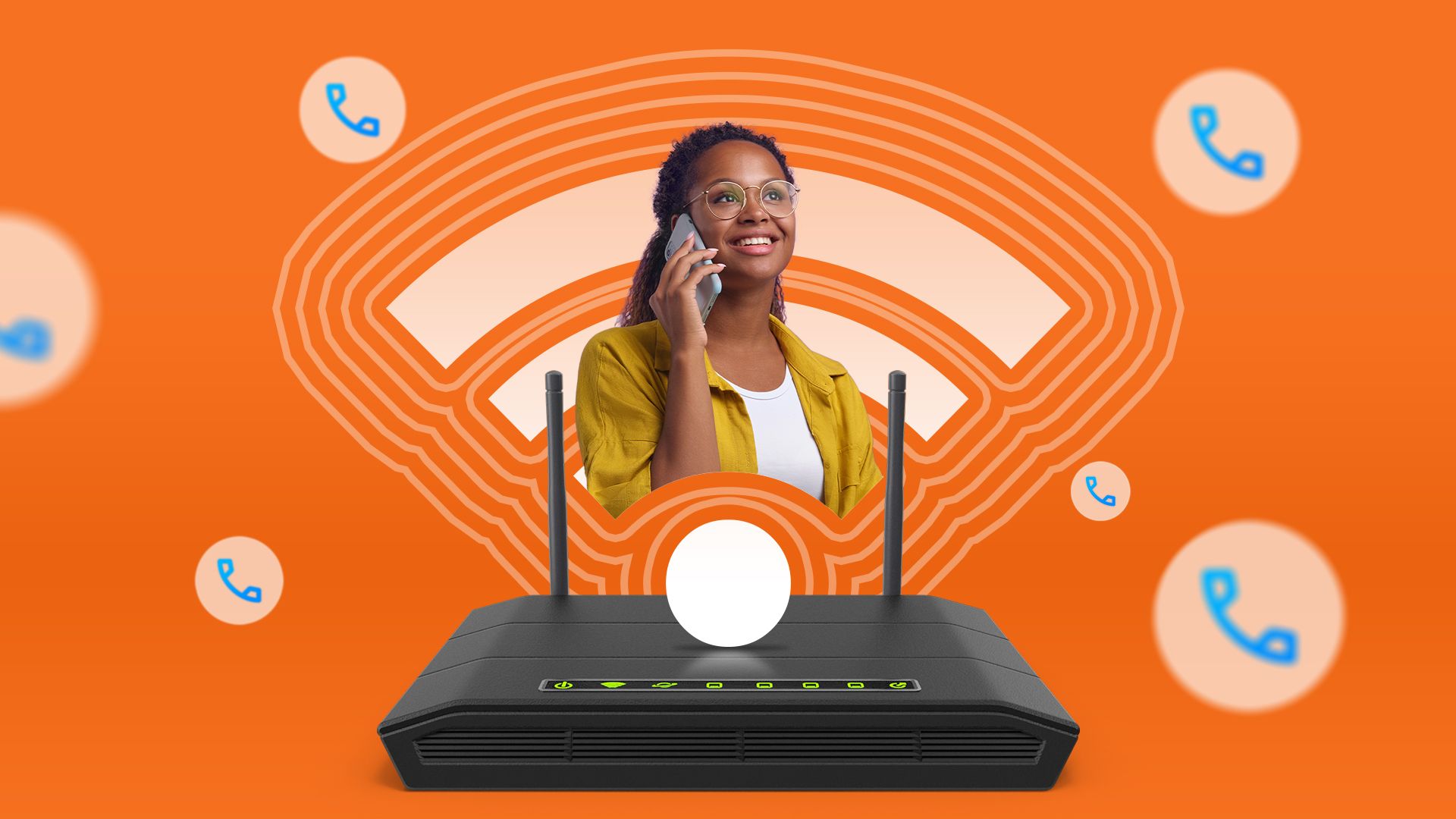 A router with a Wi-Fi icon above it and a woman talking on the phone.