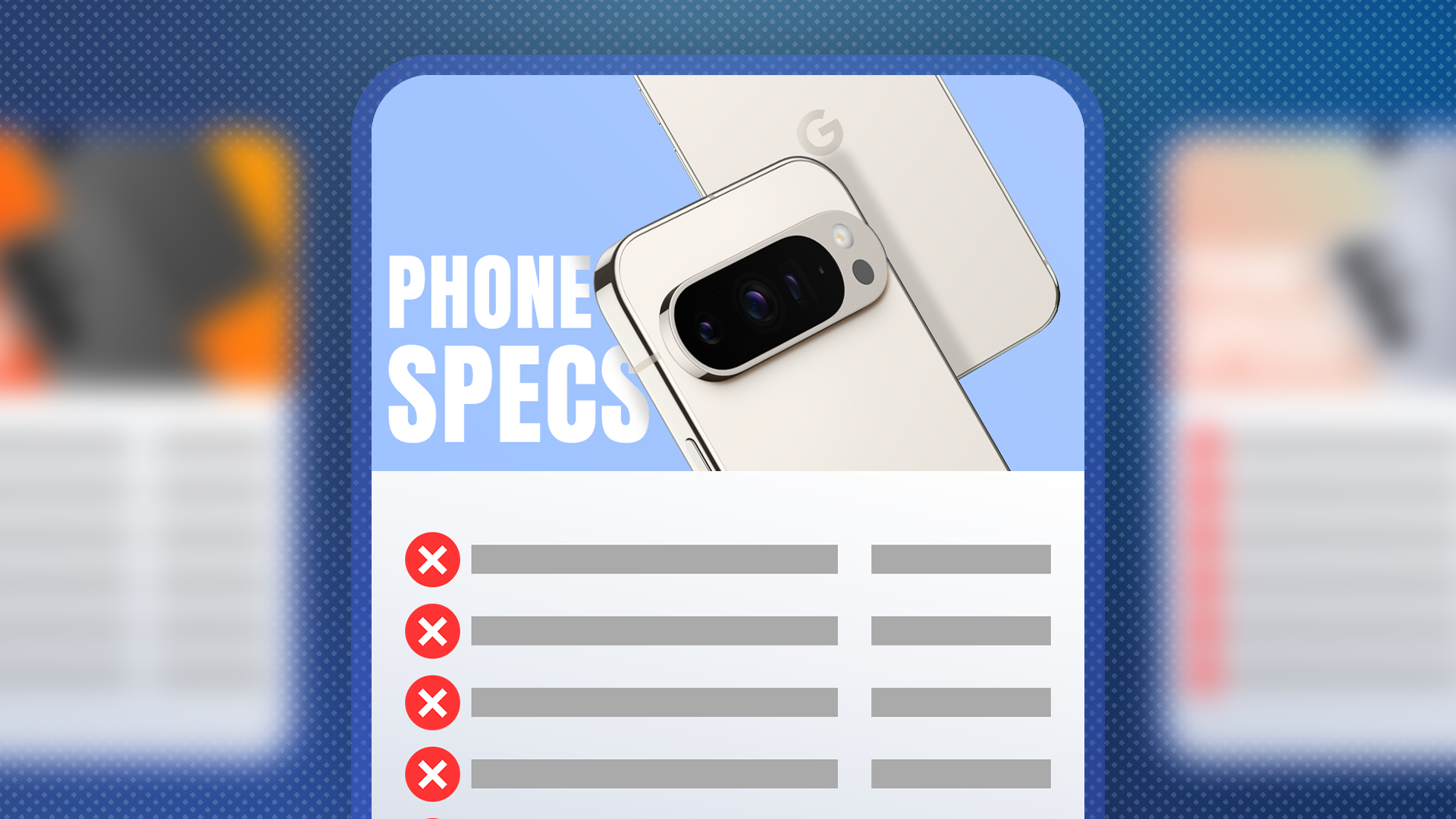 A smartphone with some information below and an 'X' icon.