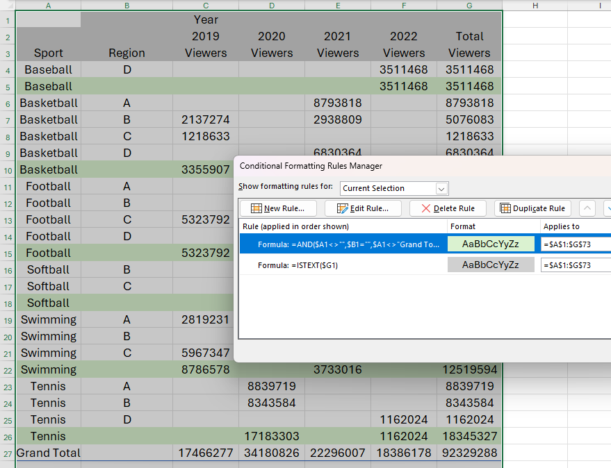 A spilled array in Excel whose header rows are colored gray and subtotal rows light green.