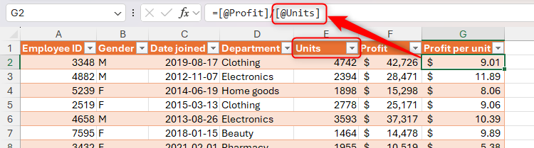 A structured reference in Excel that has adapted to a change in column name.