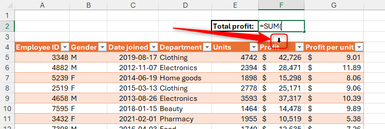 A SUM formula in Excel has been created, and the cursor has turned to a black down arrow when the mouse is hovered over a column name in an Excel table.