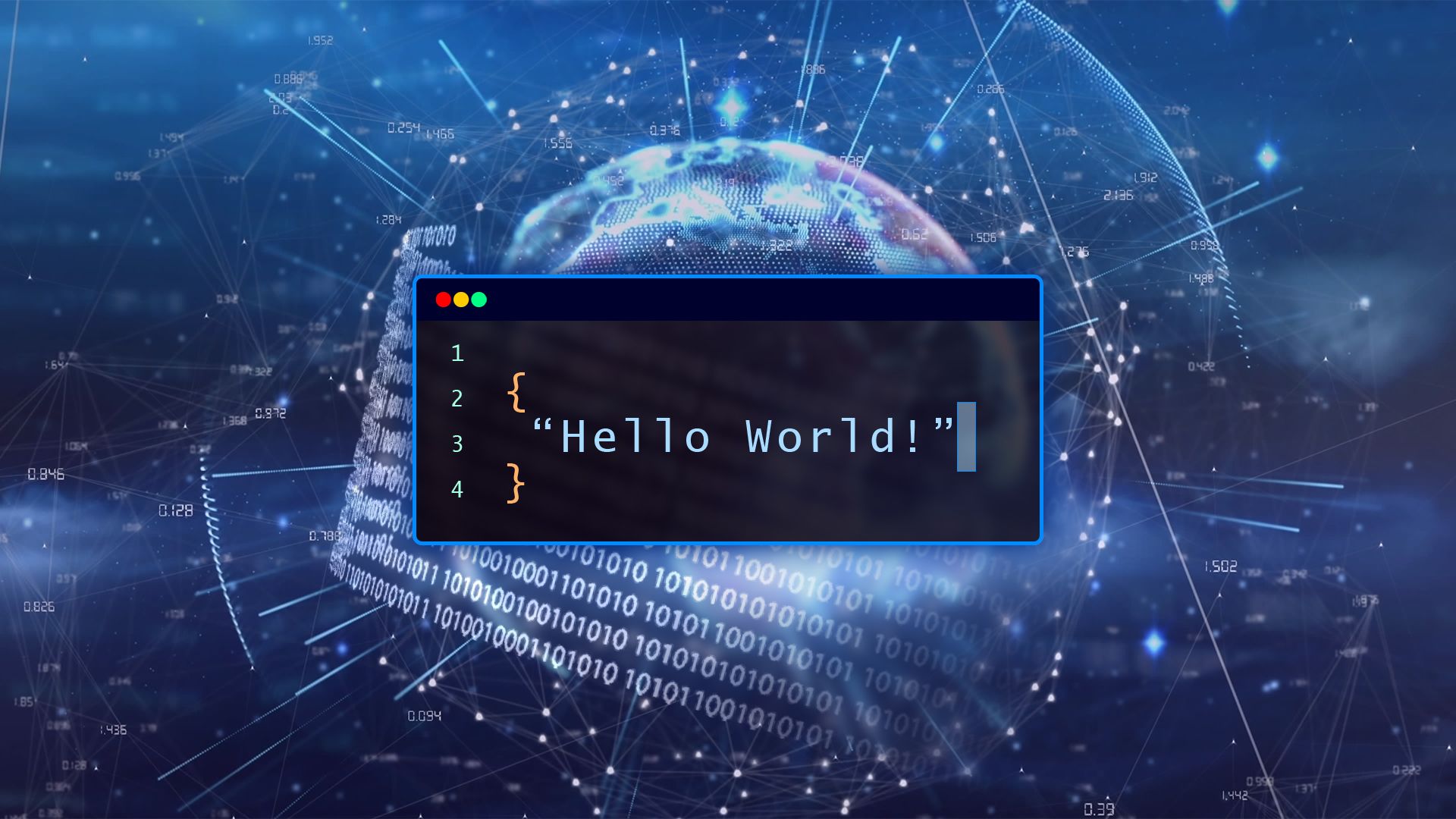 A terminal displaying 'Hello World' with a holographic globe and some binary code in the background.