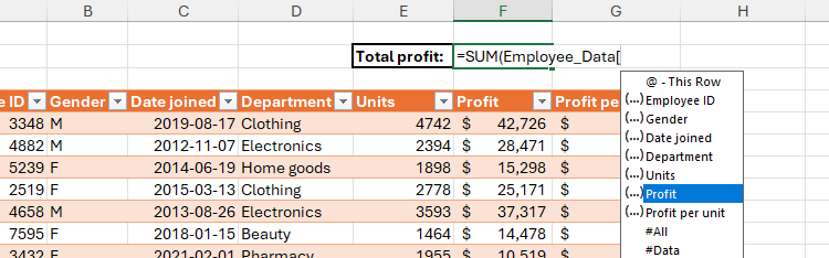 A tooltip in Excel with the name of a column to be added to the formula.