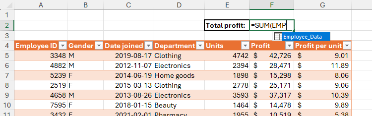 A tooltip in Excel with the name of a table to be added to a formula.