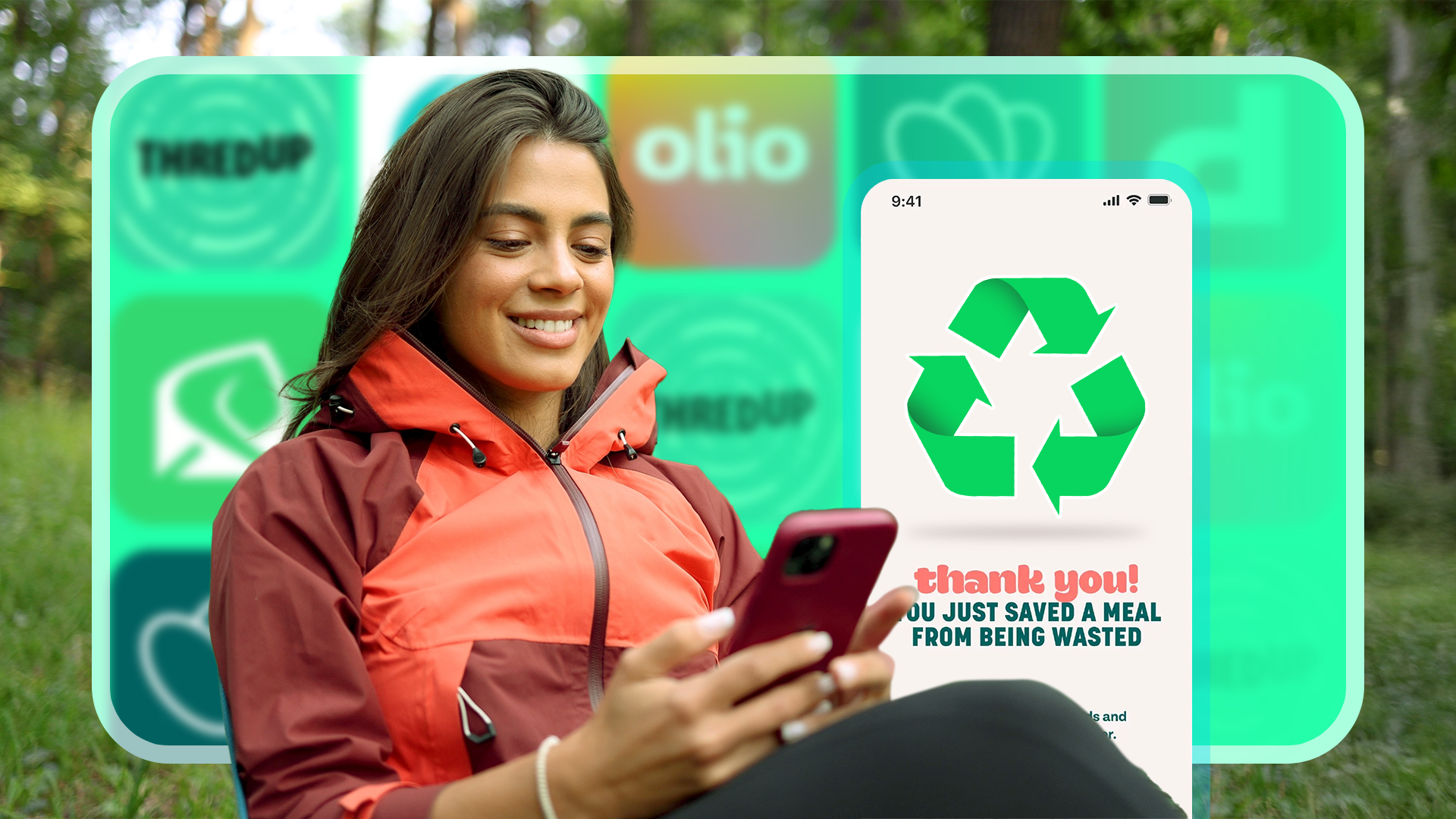 A woman using her phone, an app interface beside her with a recycling icon, and various app logos in the background.