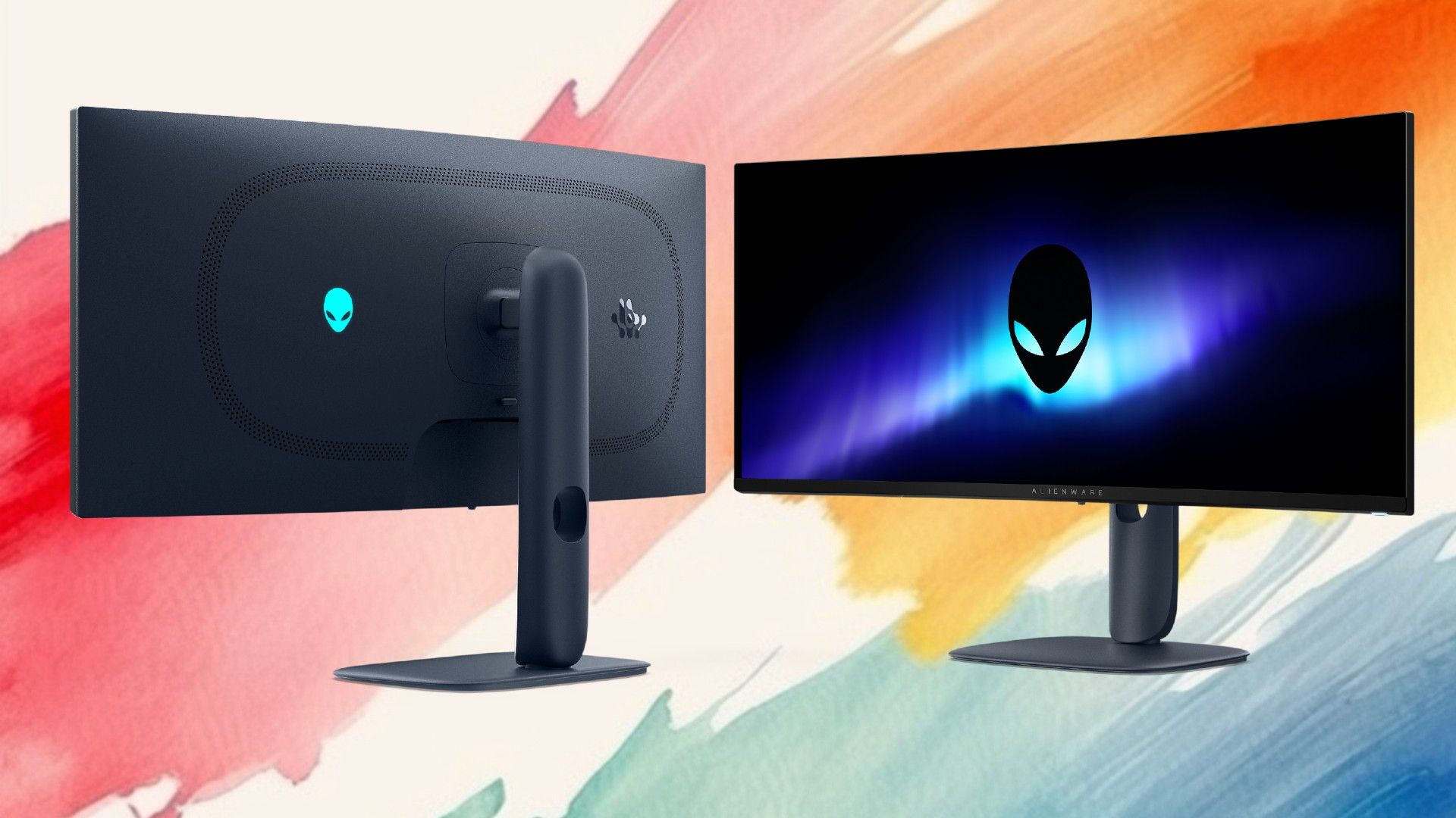 alienware 34 240Hz QD-OLED Monitor on a pink yellow and green background with white in the negative space