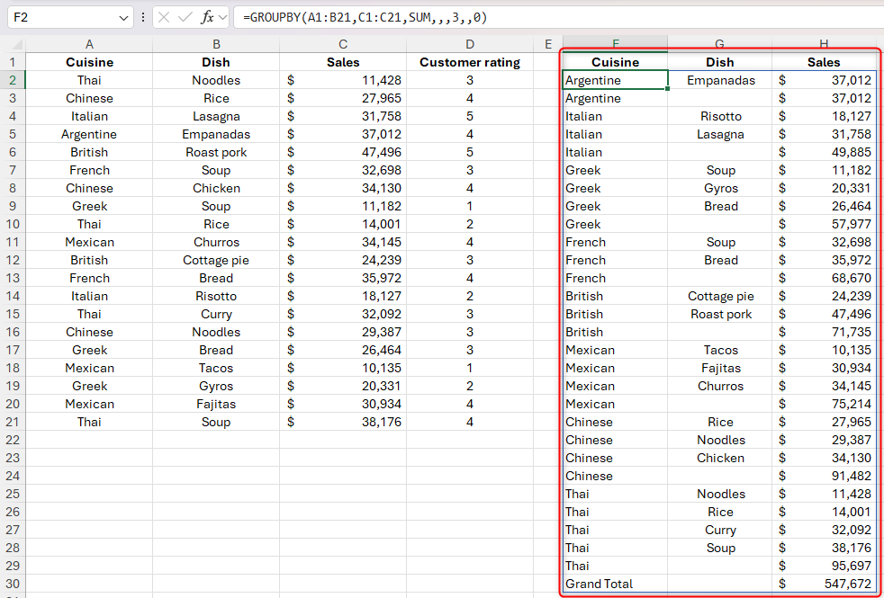 An Excel sheet containing the GROUPBY function with the field relationship argument set to 0.