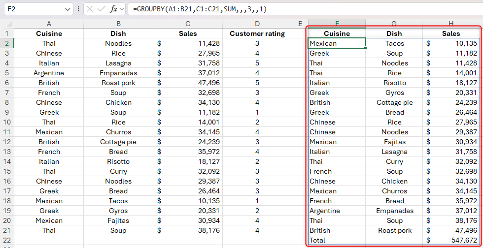 An Excel sheet containing the GROUPBY function with the field relationship argument set to 1.