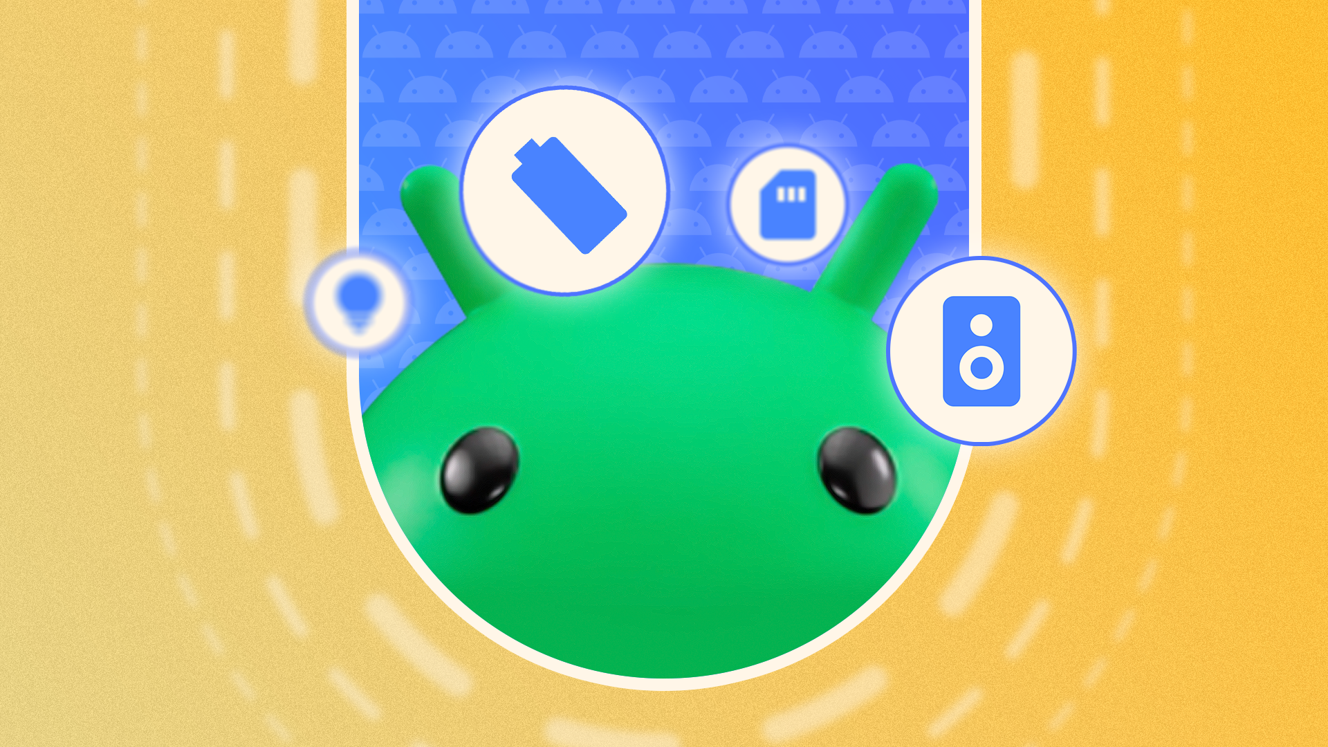 Android mascot's face in the center with some icons around it.