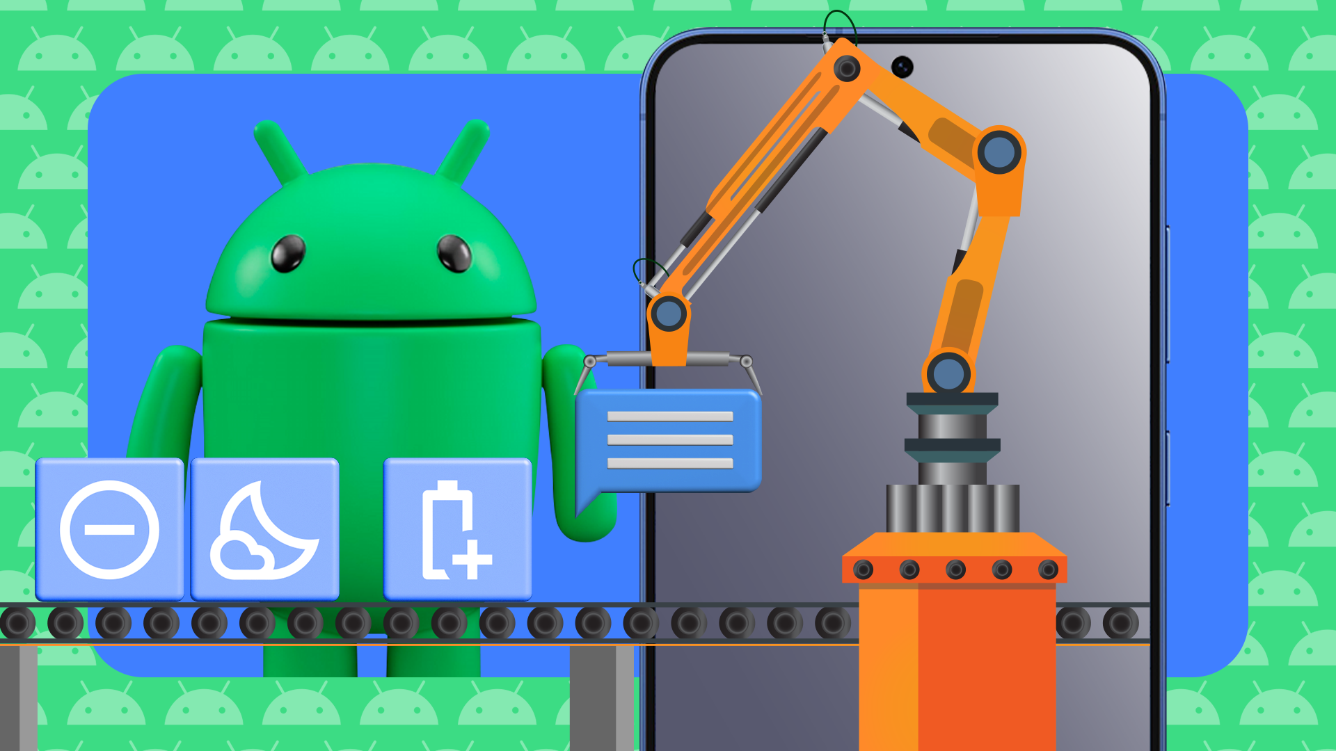 Android mascot standing next to a smartphone, with a robotic arm holding a message icon on a conveyor belt.