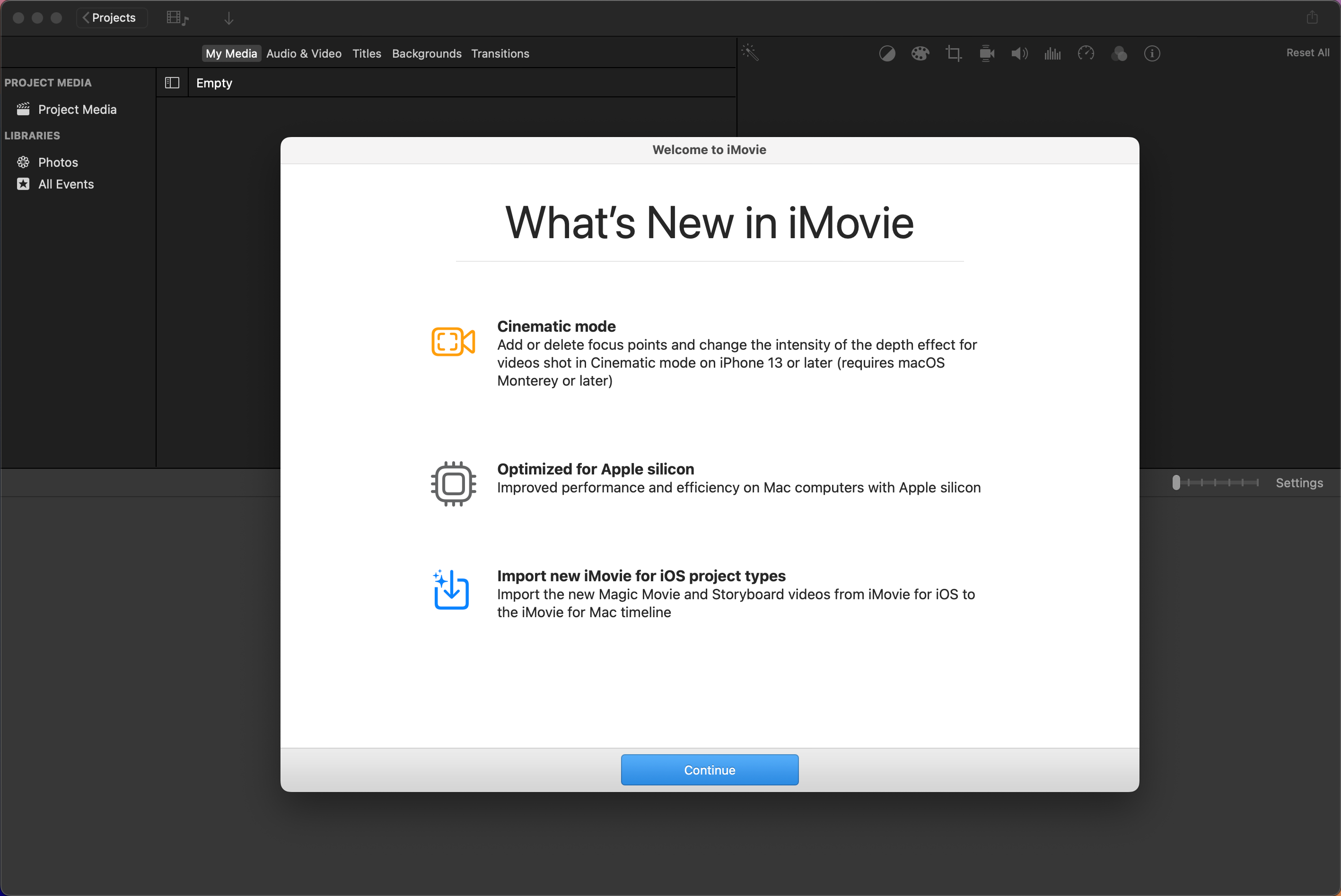 iMovie for Mac showing a splash screen highlight the latest features.