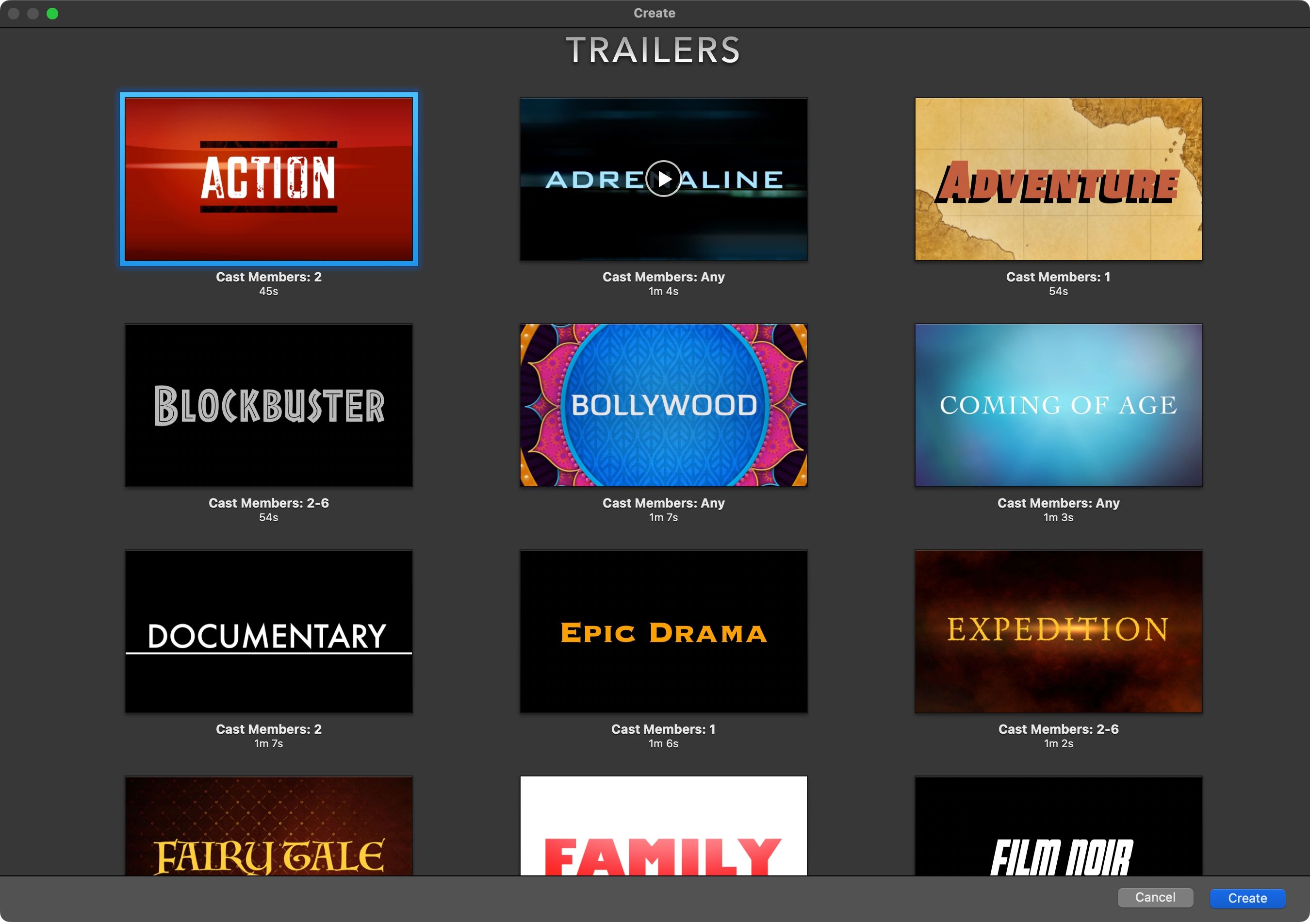 Trailer templates in iMovie for Mac.