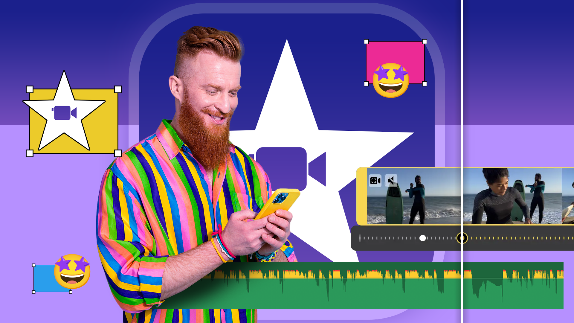 A man editing a video on iMovie using his iPhone, with the iMovie logo in the background and a video timeline.