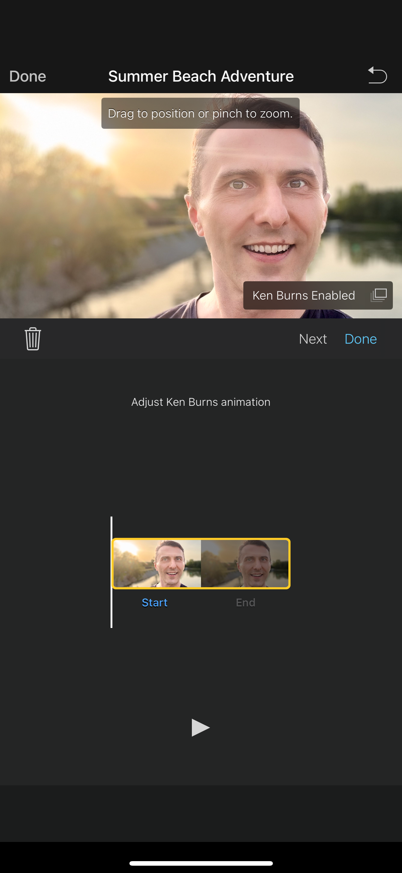 iMovie for iPhone displaying the interface for adjusting image crop, zoom, and Ken Burns effect.