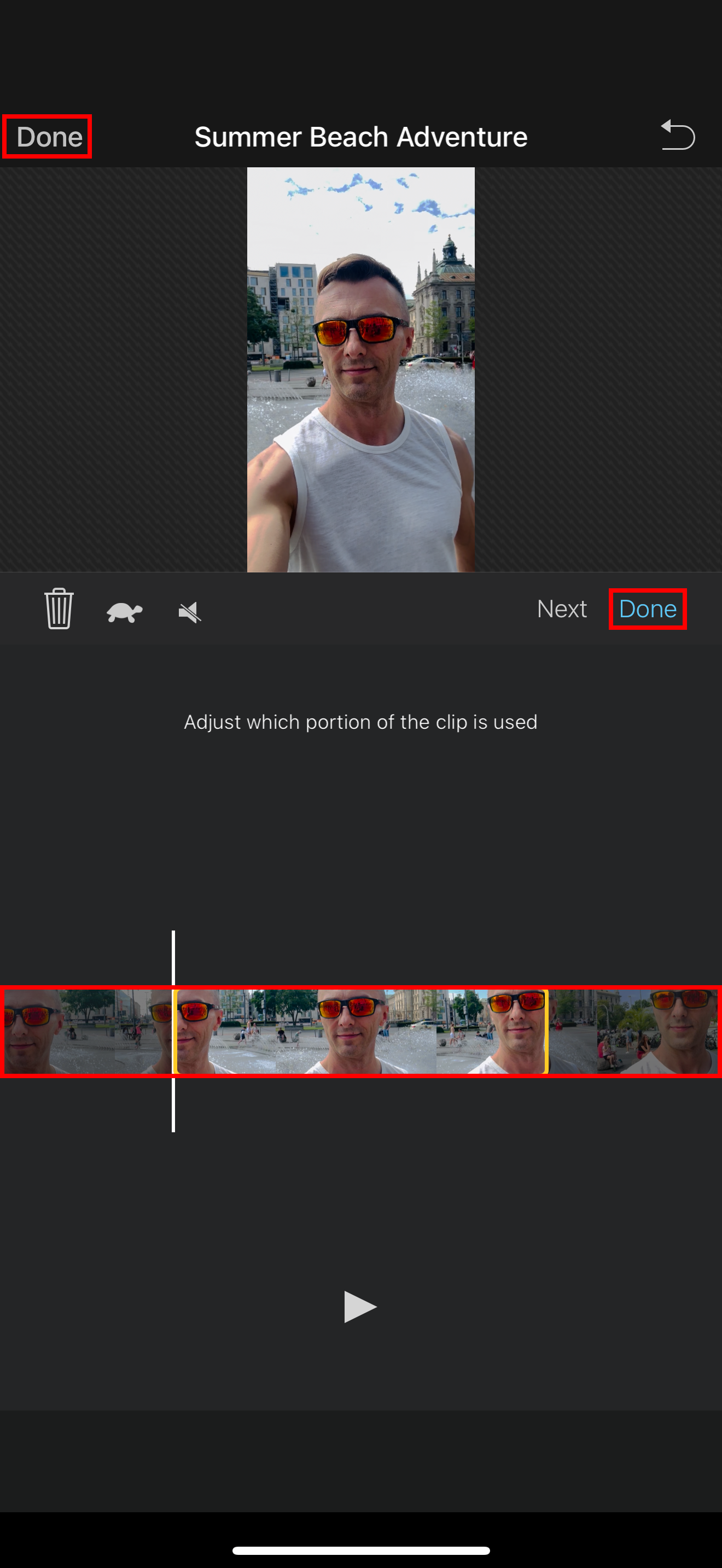 iMovie for iPhone displaying the video trimmer to adjust which potion of the clip to use.