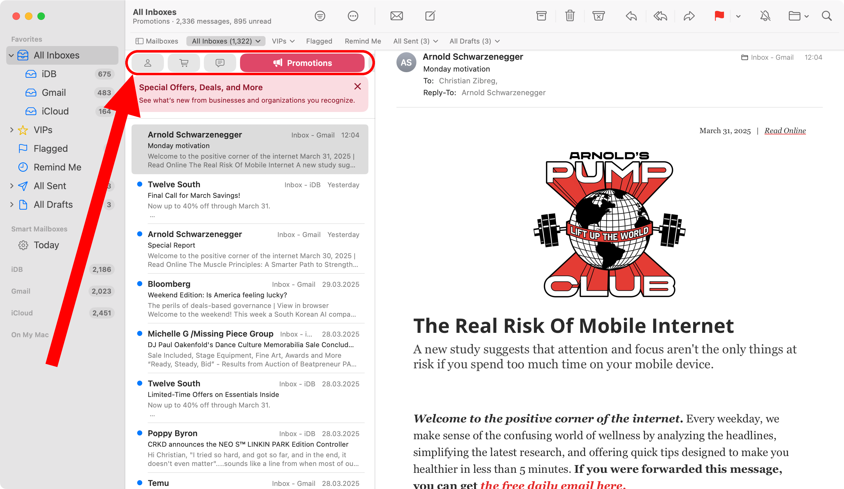 Apple Mail, with the Promotions category selected in the inbox.