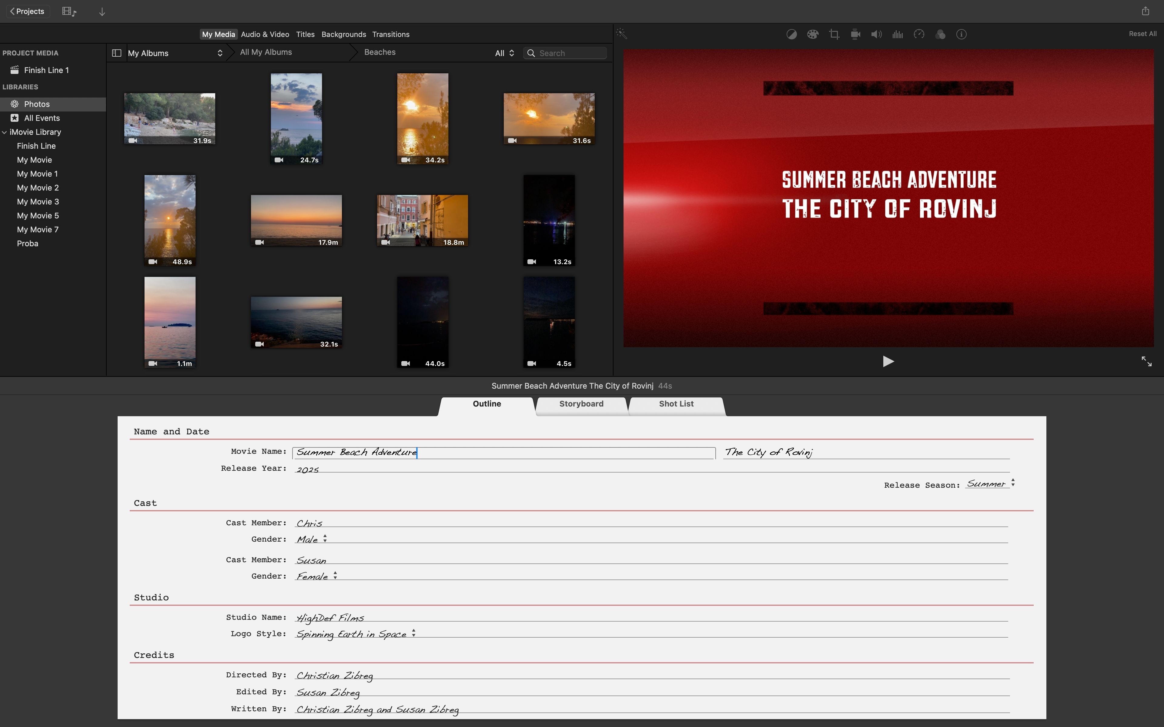 iMovie for Mac with the Outline tab selected and displaying trailer credits, cast members, and other information.
