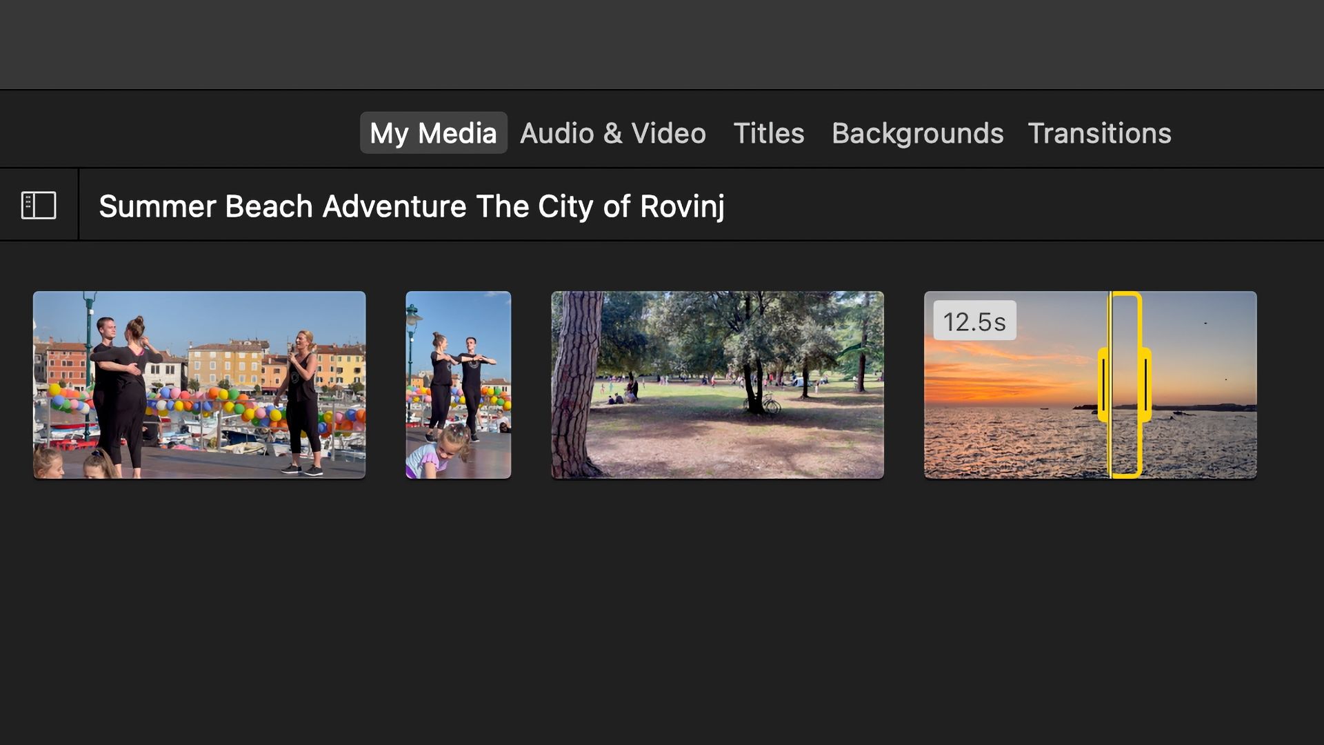Dragging custom video range in iMovie for Mac's media browser.