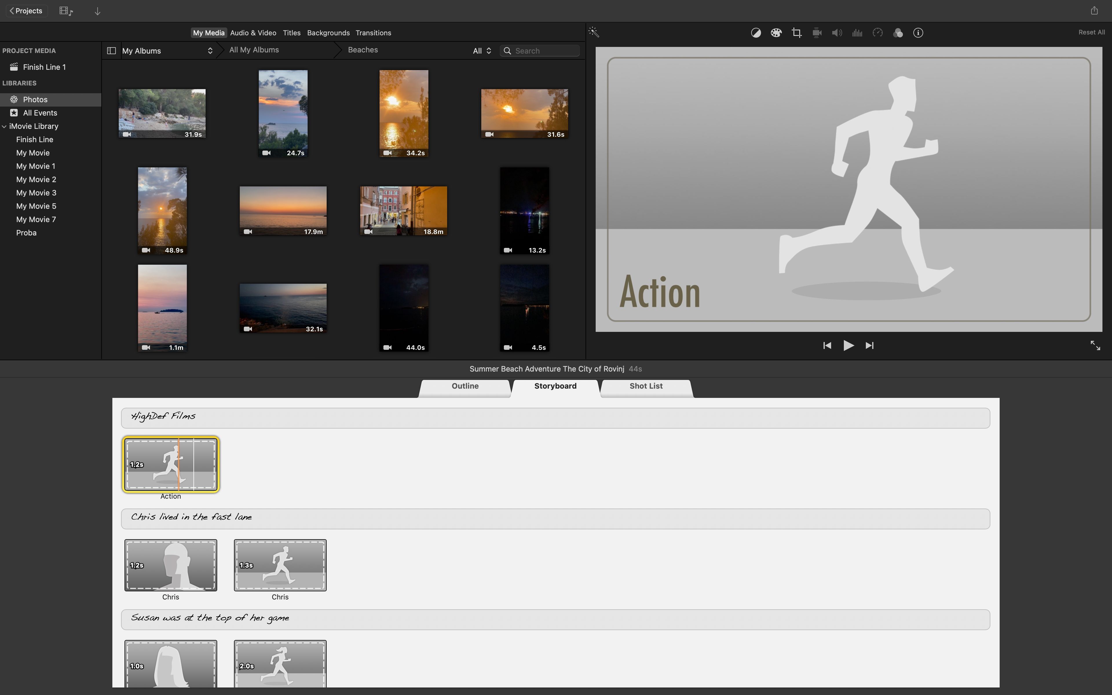 iMovie for Mac with the Storyboard pane displaying placeholder images.