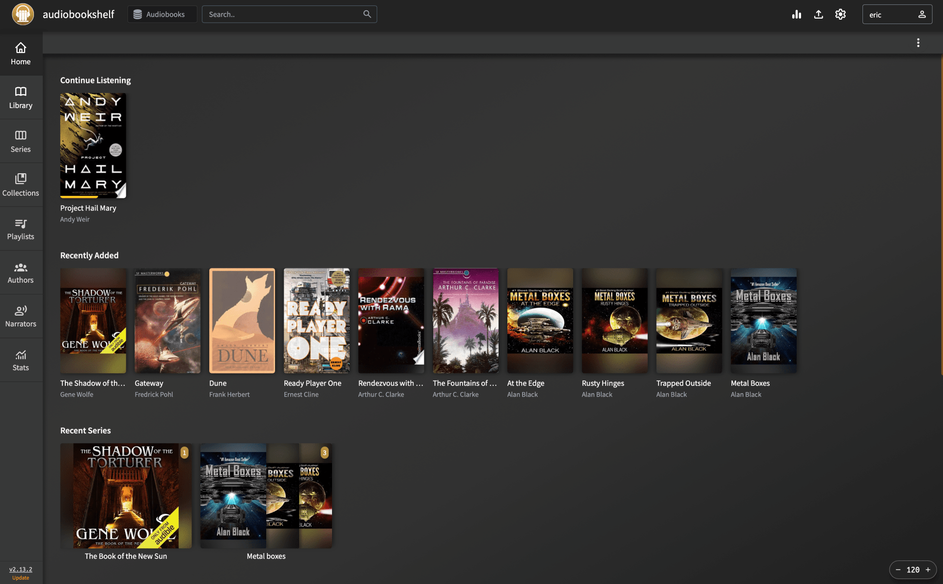 The home page of audiobookshelf showing one book in progress with other audiobooks below it.
