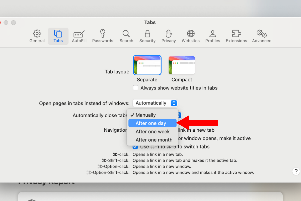 Screenshot of the automatically close tabs setting in Safari with an arrow next to the "after one day option.
