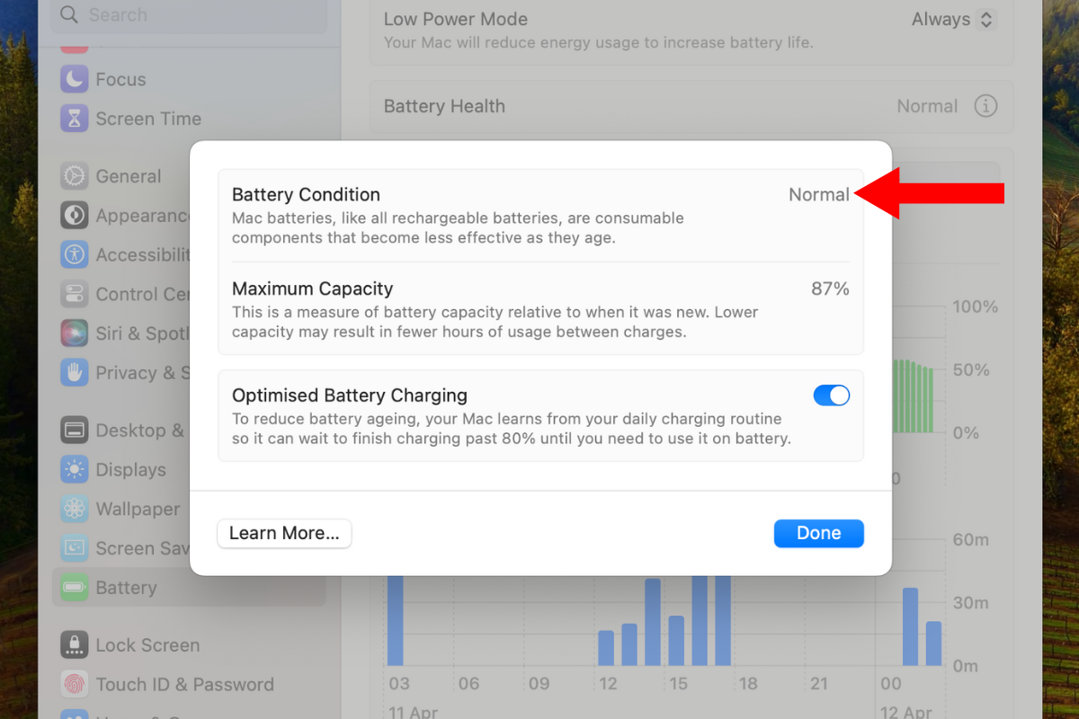 Screenshot of the battery condition menu on macOS.