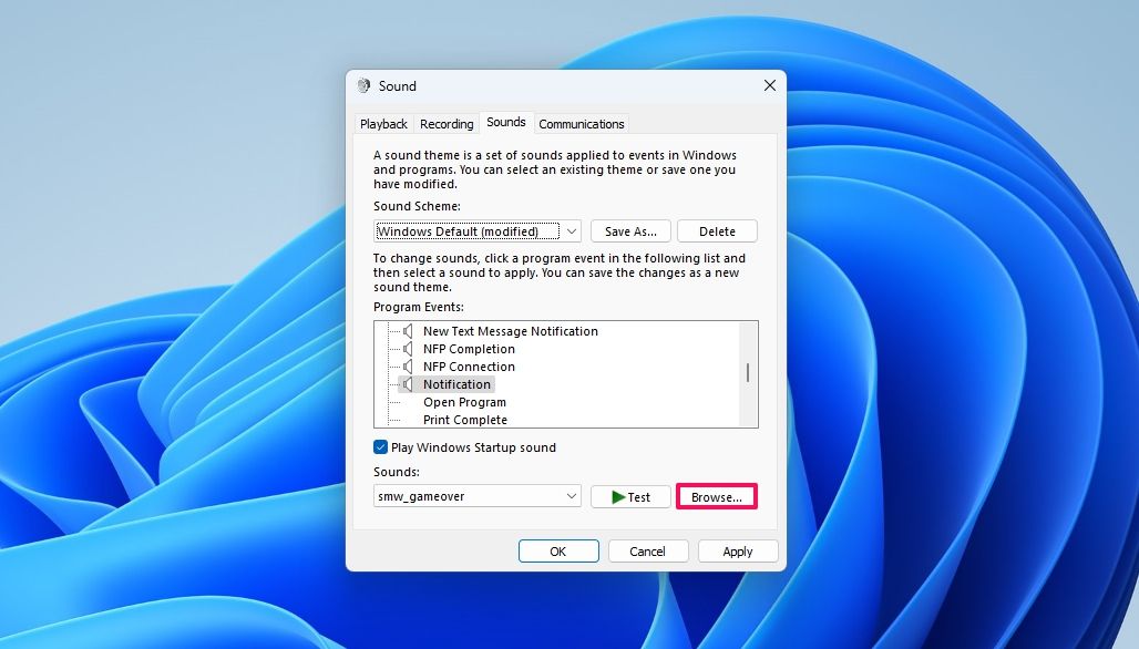 Browsing for an audio file to be used as notification sound for a particular action in Windows.