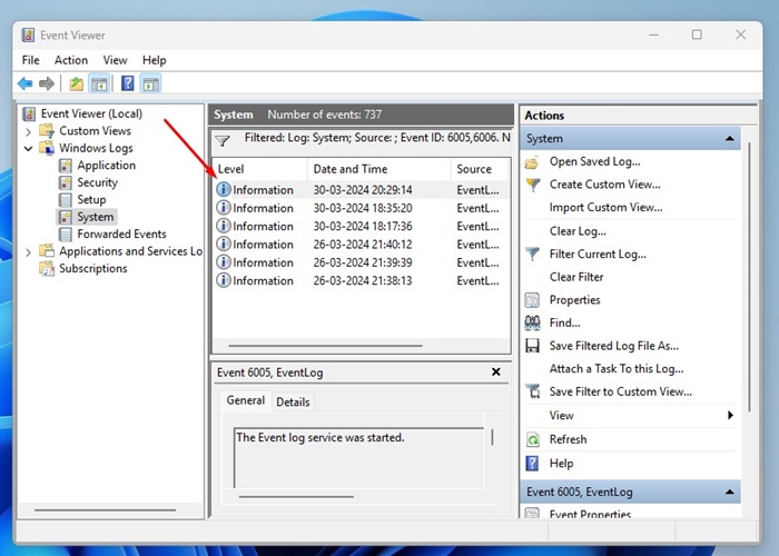 double-click on the event logs