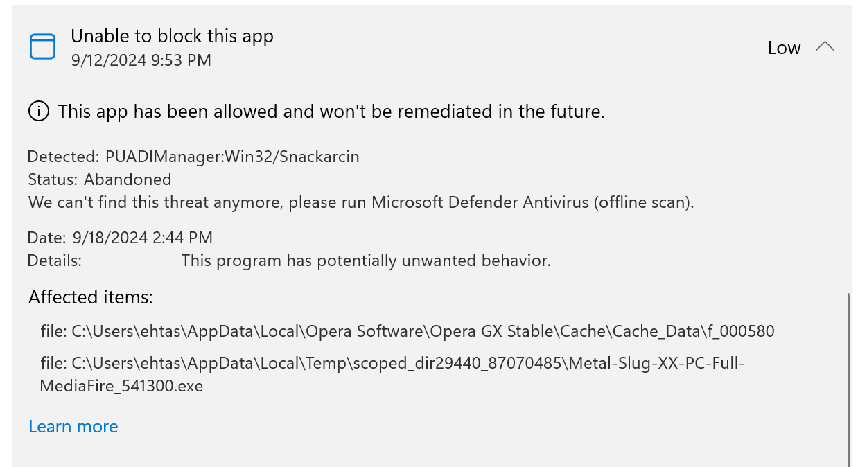 Checking details of a security event in the Protection History in the Windows Settings app.