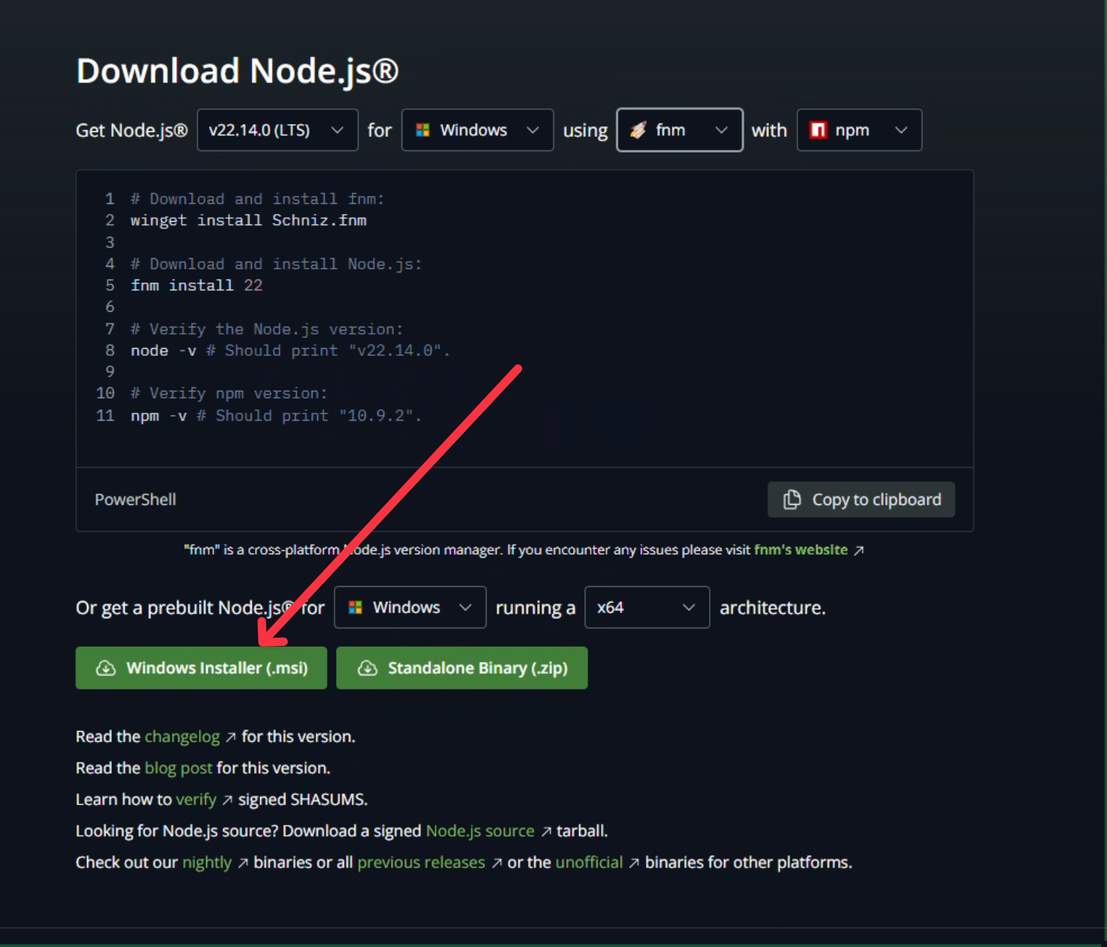 Downloading the official Node.js installer for Windows.