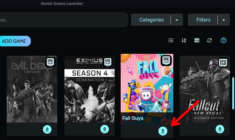 Click the Install button for Fall Guys in Heroic Games Launcher.