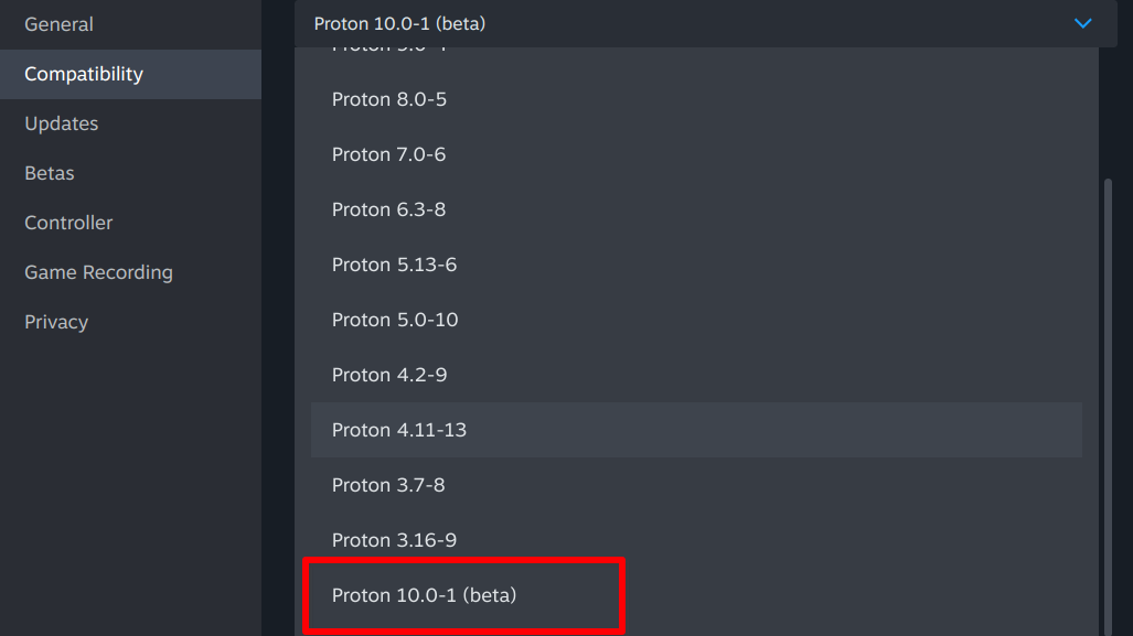 Compatibility settings menu on Steam with a list of Proton versions visible and red box around the Proton 10.0-1 (beta) option.