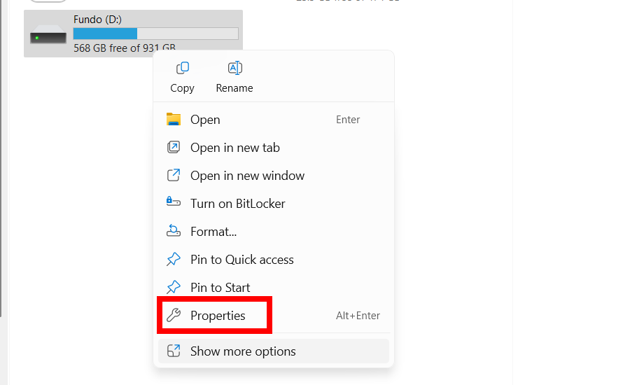 The "Properties" option in the context menu on Windows 11.