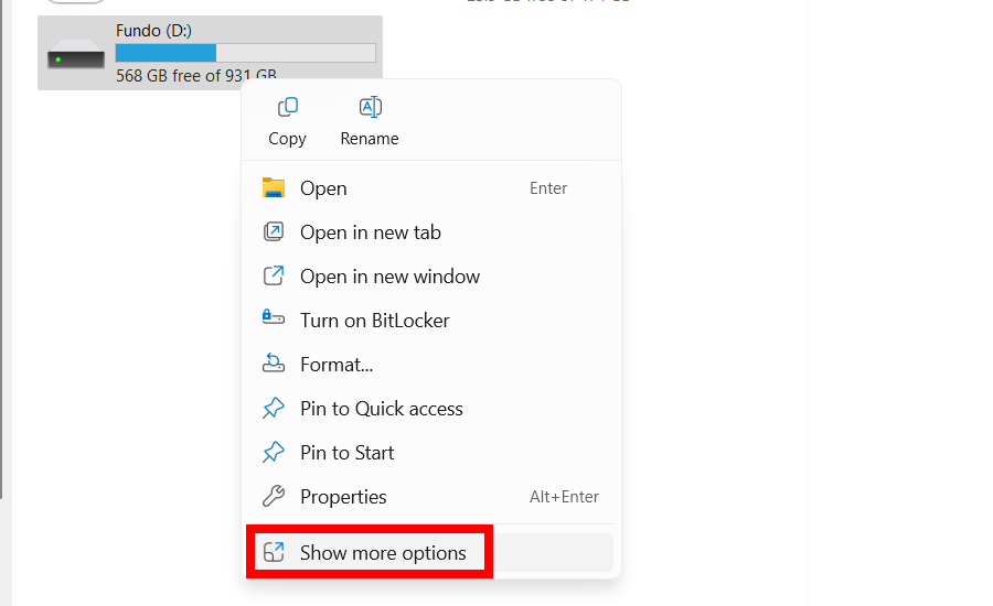 The "Show More Options" option in the context menu in Windows 11.