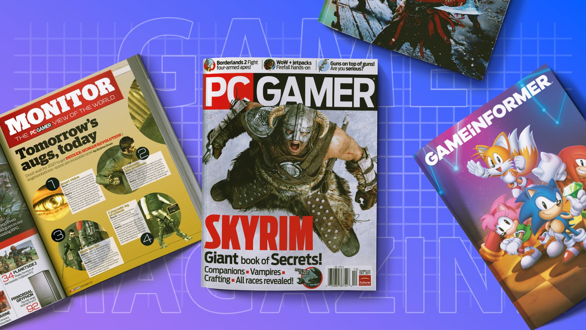 Different gaming magazines on a surface.