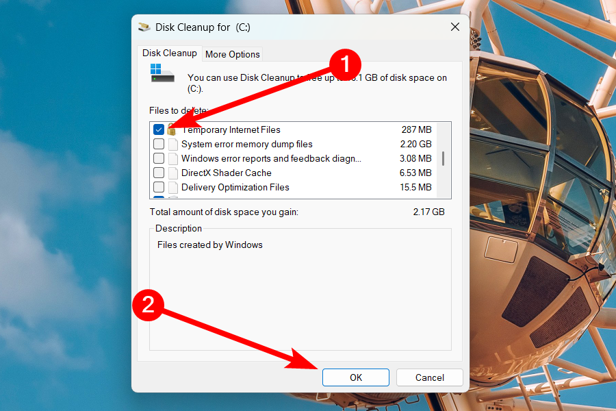 Selecting files to delete in Disk Cleanup in Windows 11.