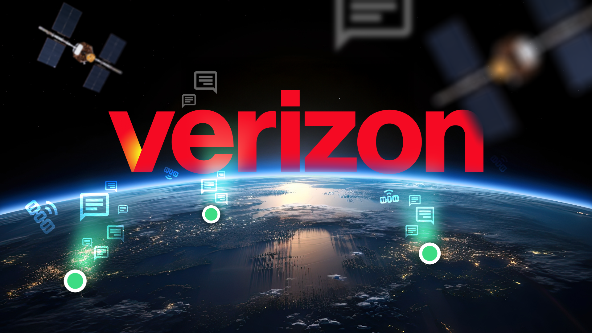 Earth seen from space, some green dots featuring message icons and the Verizon logo at the center.