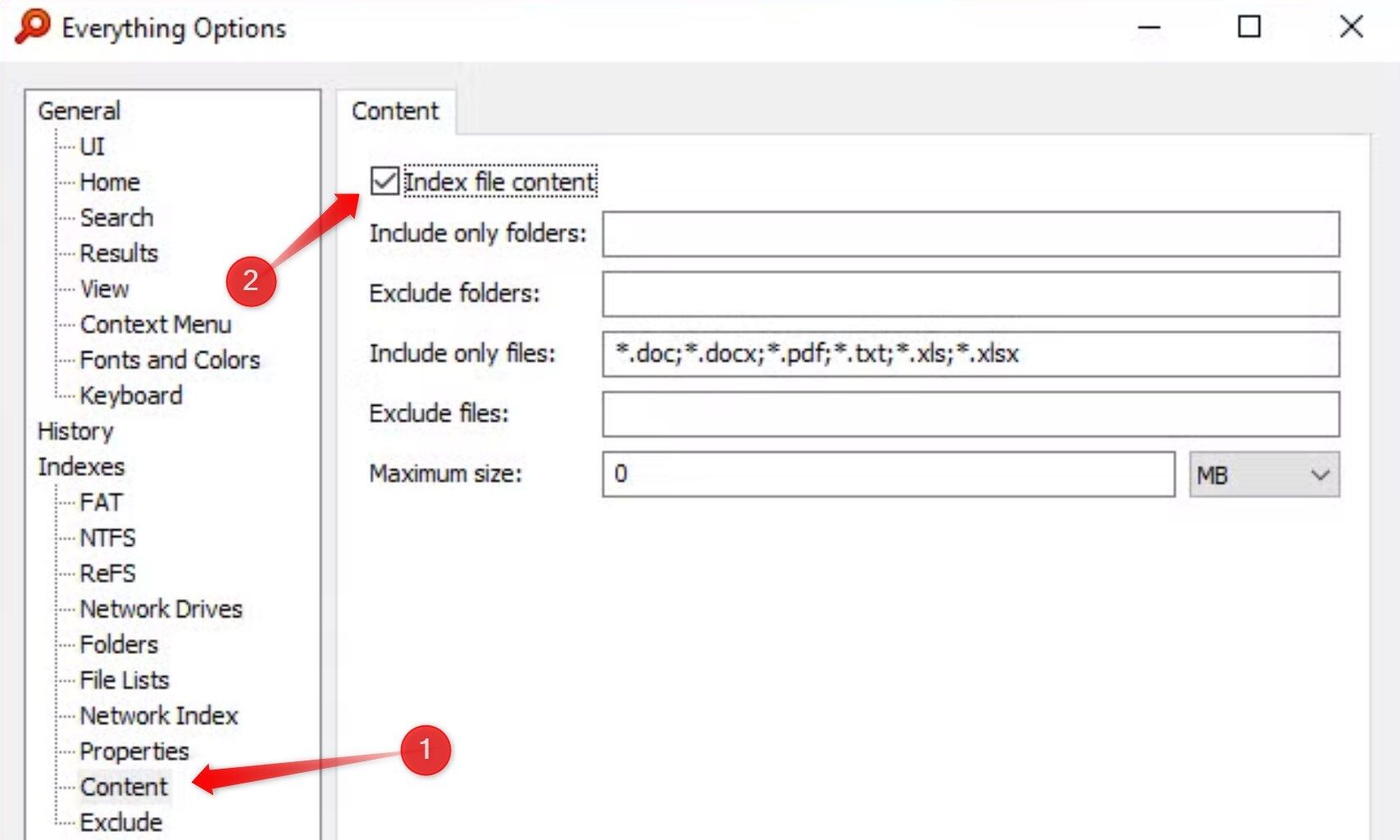 Enabling file content indexing in the Everything app.