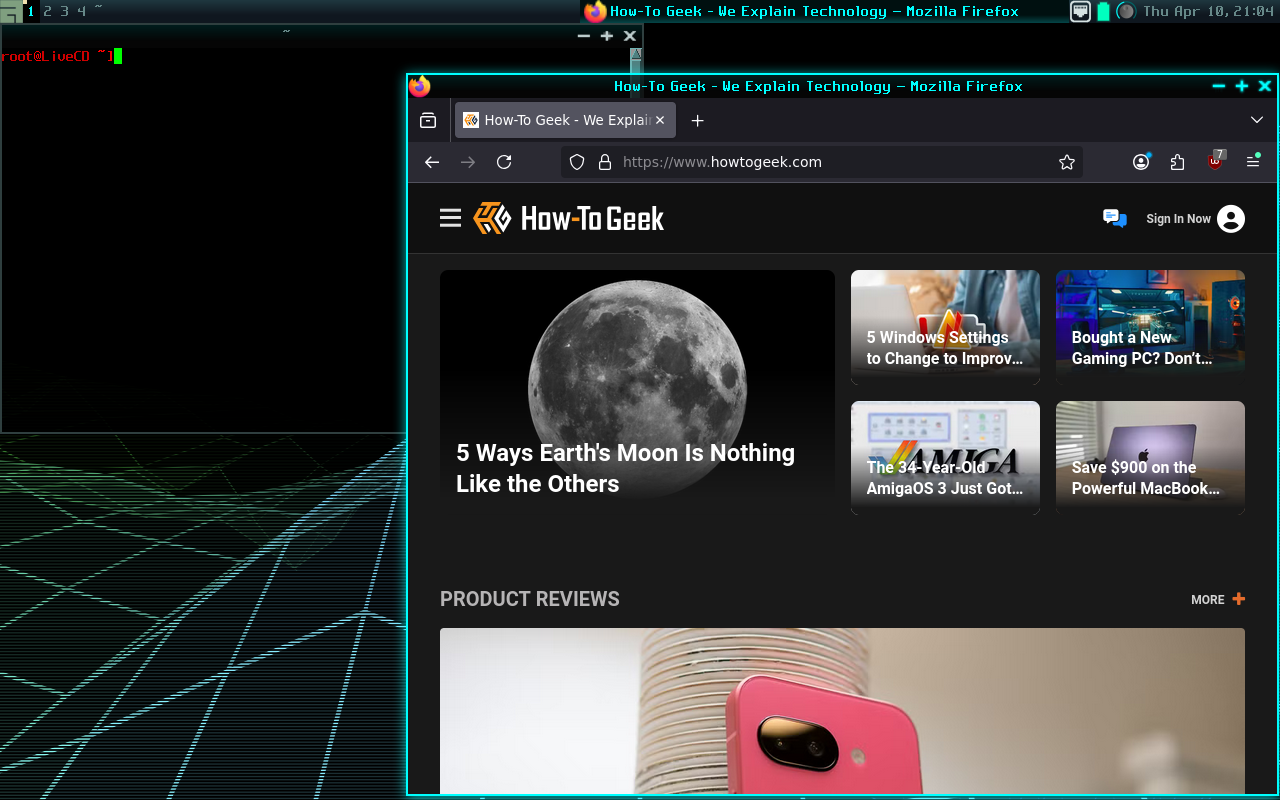 GoboLinux live desktop with Firefox open to the HTG homepage, along with a terminal window.