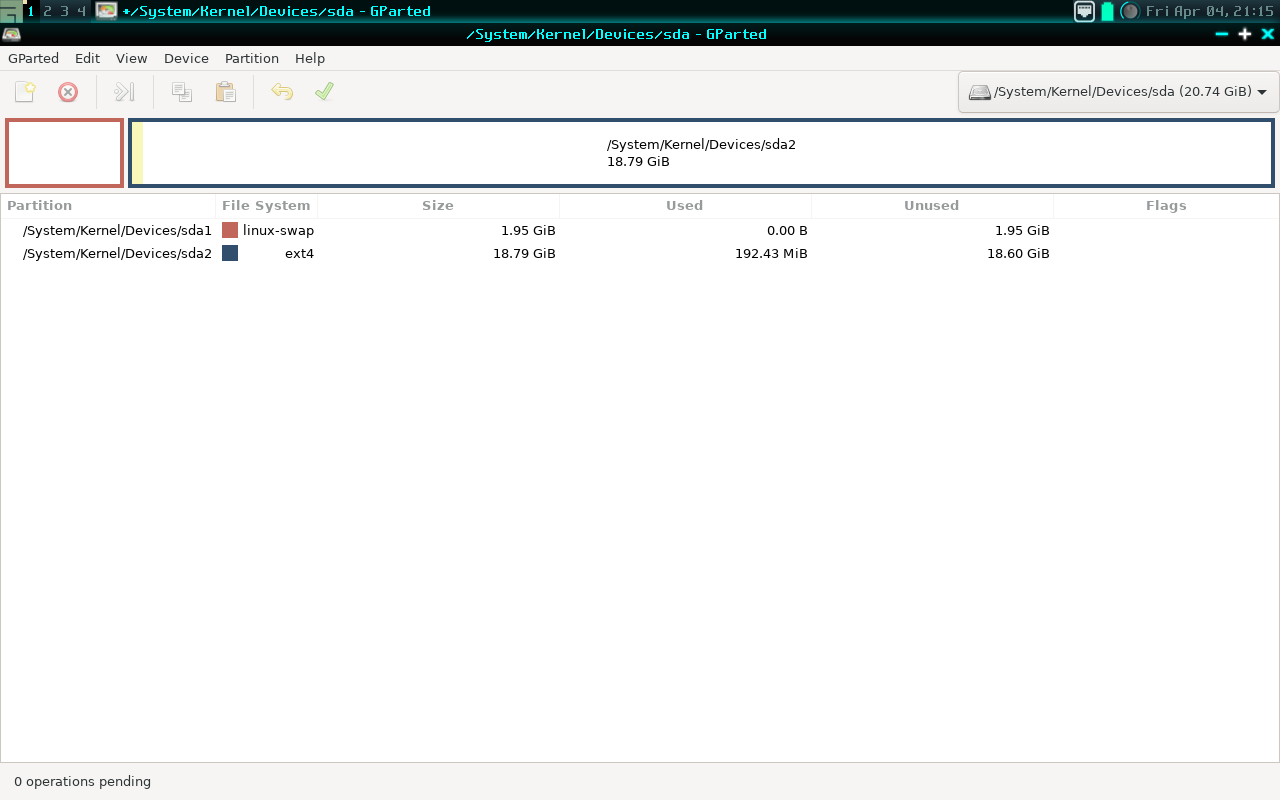 GParted in GoboLinux showing created swap and ext4 partitions.