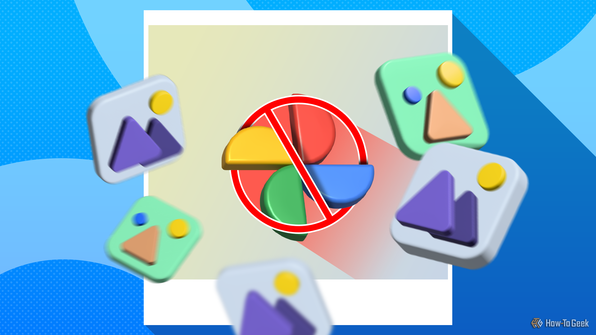 Google Photos logo crossed out with image thumbnails around it.