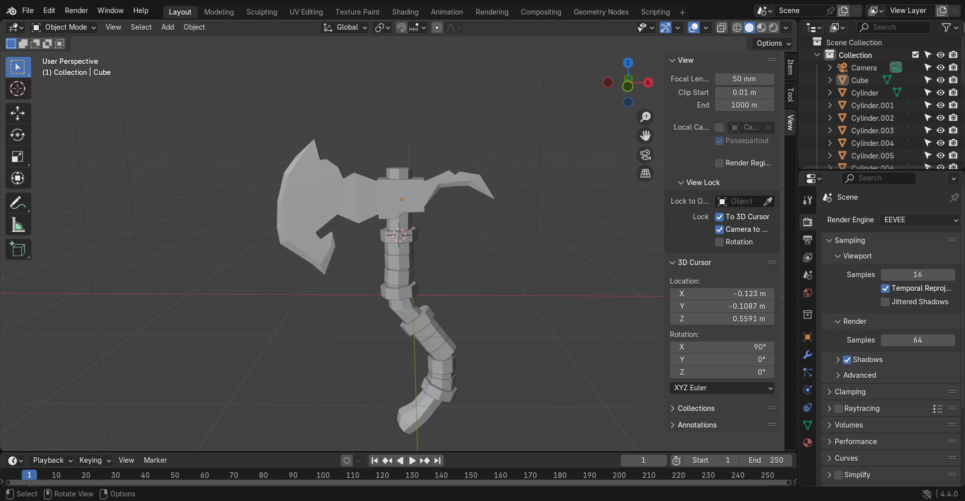 A low-poly hammer in Blender.