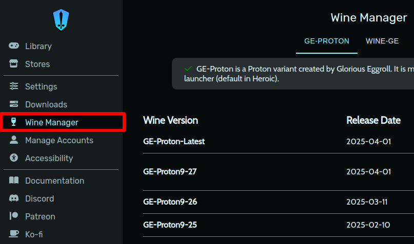 Heroic Games Launcher with a red rectangle around the Wine Manager menu option.