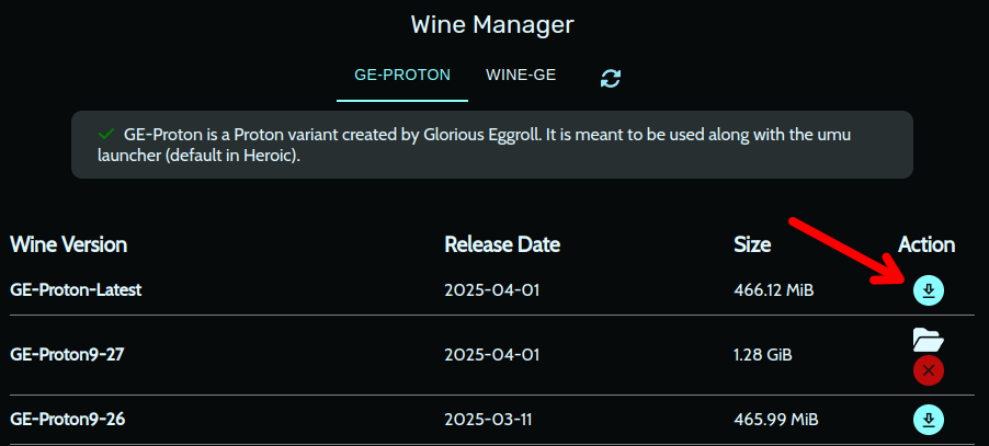 Heroic Wine manager menu with a red arrow pointing to the download button for the latest version of GE-Proton.