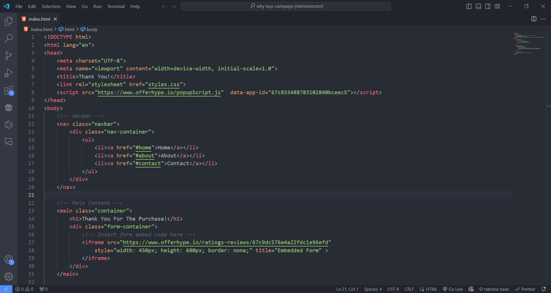 HTML code in VS Code.