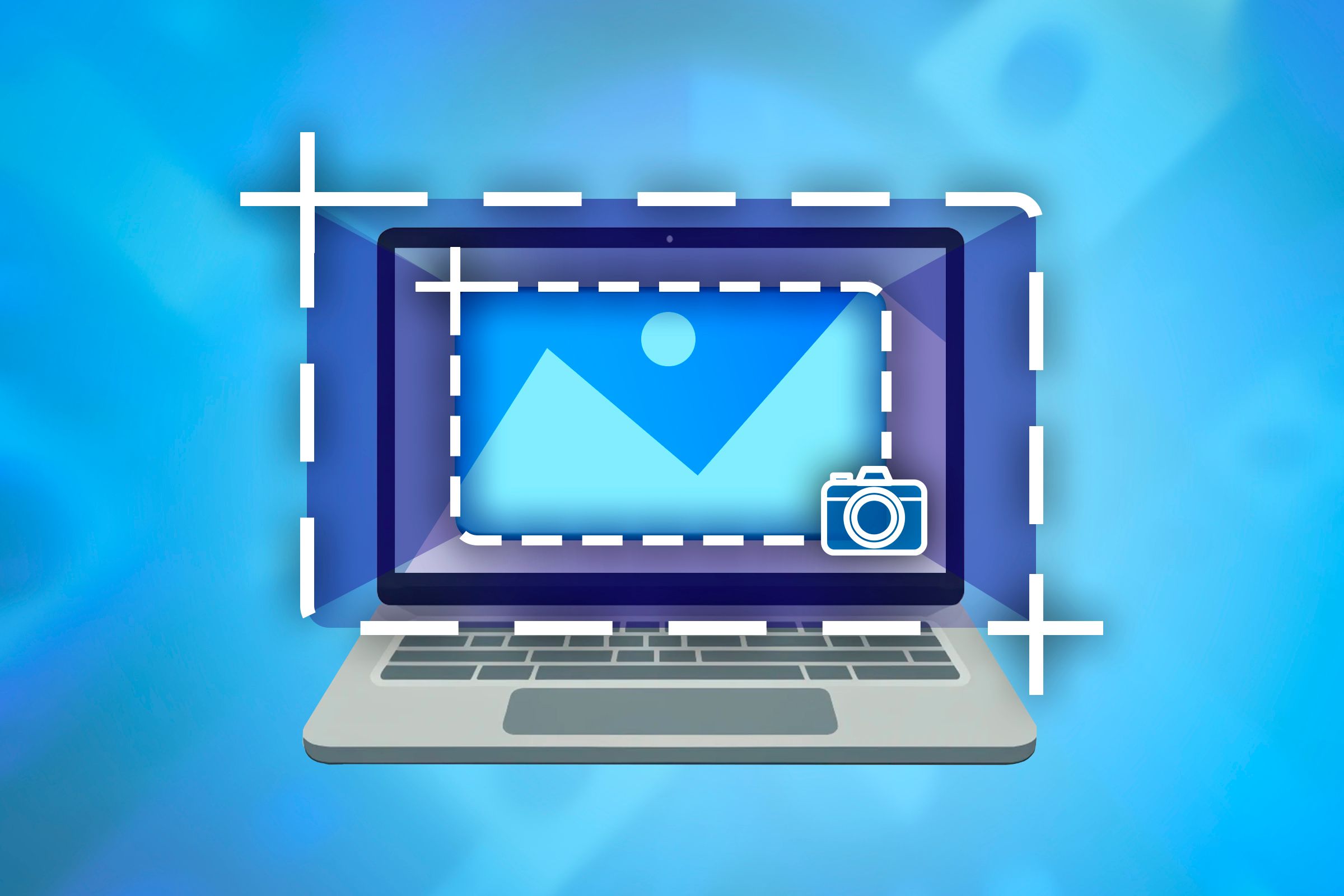 Illustration of a laptop with a small screenshot icon and another larger screenshot icon.