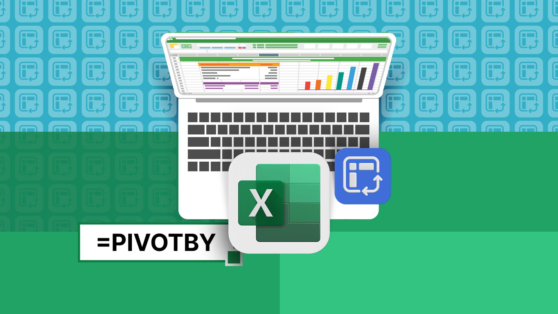 Illustration of a laptop with the Excel logo above the keyboard and the 'pivotby' function icon.