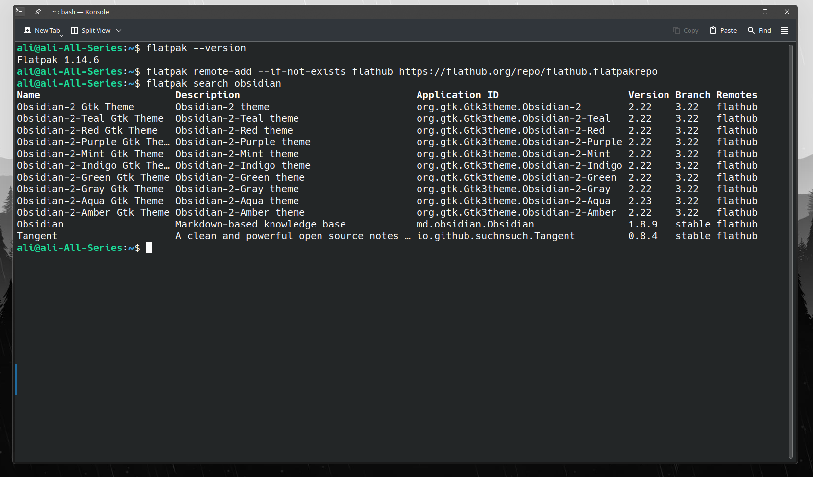 Terminal window showing commands for downloading Obsidian using Flatpak